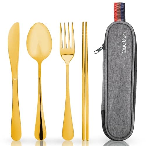 Travel Utensils with Case, Quatish Portable Silverware Set for Work, Stainless Steel Reusable Travel Cutlery Set, Fork and Spoon Set for Camping, Picnic, Gadgets, Lunch Box for Men, Gold - Image 1