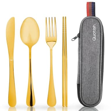 Travel Utensils with Case, Quatish Portable Silverware Set for Work, Stainless Steel Reusable Travel Cutlery Set, Fork and Spoon Set for Camping, Picnic, Gadgets, Lunch Box for Men, Gold - Image 1