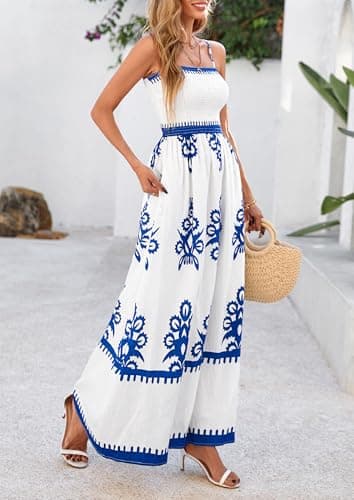PRETTYGARDEN Summer Dress for Women 2025 Floral Sundress Spaghetti Strap Flowy Beach Vacation Boho Maxi Dresses (White Blue Floral,Small) - Image 4