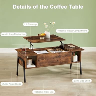 VECELO Wood Lift Top Coffee Table with Hidden Compartment and Storage Shelf for Living Room/Office Reception, Rising Tabletop, Brown - Image 7