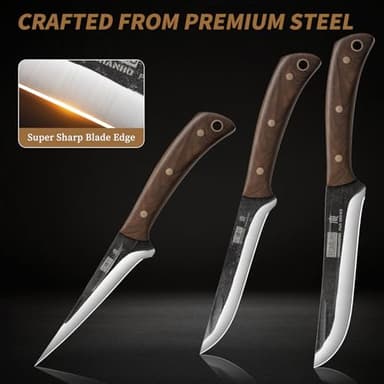 HOSHANHO Butcher Knife Set 3-Piece, Super Sharp Hand Forged Fillet Knife & Dividing Knives & Paring Knives Set, Upgraded High Carbon Stainless Steel Meat Cutting for Home, Outdoor - Image 3