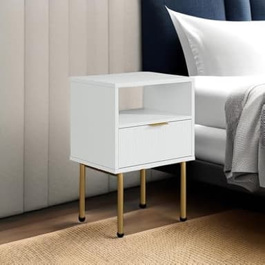 Masupu Nightstand,Mid-Century Modern Bedside Table with Storage Drawer and Open Wood Shelf,Small Gold Frame Side Table for Bedroom,Living Room,White - Image 5
