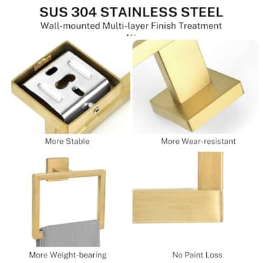 2-Piece Brushed Gold Towel Ring,Square Hand Towel Holder,Stainless Steel Modern Towel Holder Wall-Mounted Bathroom Towel Ring Towel Rack - Image 2