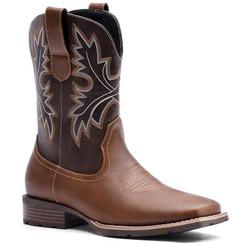 Lumeheel Cowboy Boots for Men - Western Square Toe Men's Brown Boots with Classic Embroidered, Slip on Chunky Heel for Spring Fall 10M - Image 1
