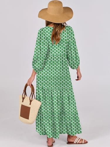 ANRABESS Womens Boho Maxi Dresses 2025 Summer V Neck Puff Sleeve Floral Flowy Swing Fall Casual Long Dress Light Green Medium - Image 4