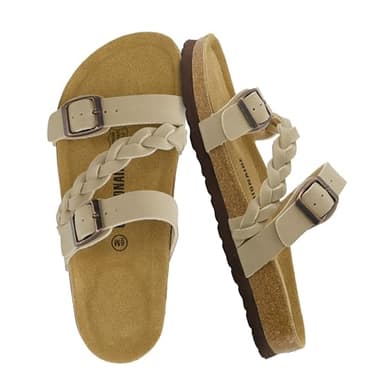 CUSHIONAIRE Women's Cork Footbed Sandal - Comfortable, Adjustable Straps, Arch Support, Wide Widths Available, Boho Chic Summer Slides, Stone 8 - Image 1