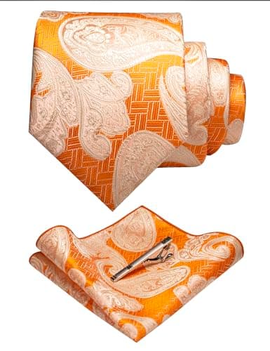 RBOCOTT Mens Orange White Paisley Tie and Pocket Square With Tie Clip Set for Business Wedding(28) - Image 1
