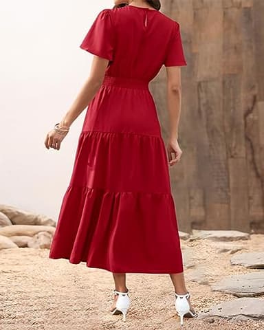 PRETTYGARDEN Women's Summer Casual Short Flutter Sleeve Round Neck Smocked Waist Tiered Boho Floral Flowy Maxi Dress(Solid Red,X-Large) - Image 5