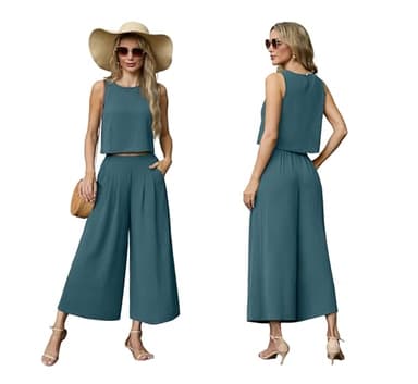 Lepunuo 2 Piece Sets for Women Summer Outfits Sleeveless Crop Top Flowy Wide Leg PantsVacation Lounge Travel Matching Set - Image 5