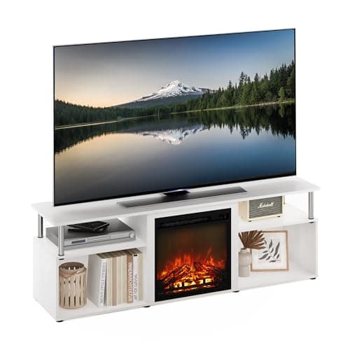 Furinno Jensen Open Storage Fireplace Entertainment Center for TV up to 70 Inch with Stainless Steel Tubes, White Oak/Chrome - Image 1