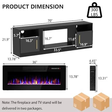 Fireplace TV Stand with 36" Fireplace Up to 80" TVs,70" Entertainment Center with LED Lights,Remote Control,TV Media Console with Storage Cabinets for Living Room, Black - Image 2