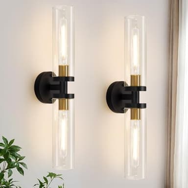 Wall Sconces Set of Two, 22" Black and Gold Bathroom Sconces with Clear Glass, Hardwired Modern Sconces Wall Decor Set of 2 Wall Light fixtures for Bathroom Mirror Living Room Hallway Bedroom - Image 1