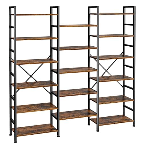 SUPERJARE Triple 6 Tier Bookshelf, Bookcase with 17 Open Display Shelves, Wide Book Shelf Book Case for Home & Office, Rustic Brown - Image 1