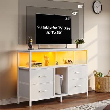 Rolanstar TV Stand with Power Outlets and LED Light, 4 Fabric Drawers Entertainment Center for 32/45/55 inch TVs, Media Console with Storage for Living Room or Bedroom, White - Image 5