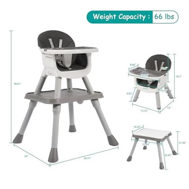 Convertible Baby 6-in-1 High Chair, for Children 6-36 Months with Safety Harness, Removable Tray & PU Cushion, Gray - Image 2