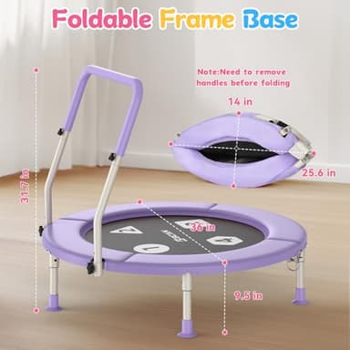 BCAN 36'' Toddler Trampoline, ASTM Certified-Foldable Mini Trampolines for Kids Ages 1-6, Adjustable Handle, Safety Pad & Foldable Legs, Baby Trampoline Indoor/Garden, Gift for Boy and Girl, Purple - Image 6