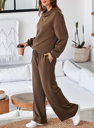 Aleumdr Womens 2 Piece Outfits Sweatsuit Set 2025 Fall Drawstring Sweatshirt Wide Leg Sweatpant Lounge Set Tracksuit Brown Large - Image 4