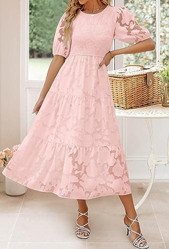ZESICA Women's 2025 Summer Short Puff Sleeve Crewneck Smocked Floral Lace Flowy A Line Tiered Maxi Dresses,Pink,Large - Image 2