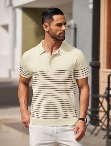 COOFANDY Men's Striped Knit Polo Shirt Short Sleeve Button Down Knitting Golf Shirts Classic Fit Shirts, Beige, Large - Image 2