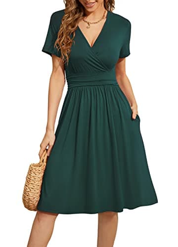 WEACZZY Casual Tshirt Dresses for Women V Neck Business Formal Teacher Dress Empire Waist Flowy A-Line Dresses,Dark Green,M - Image 1