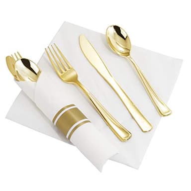 Supernal 60 Pack Pre Rolled Napkins with Gold Plastic Silverware, Premium Disposable Gold Wrapped Cutlery Set Includes: 60 Forks 60 Knives 60 Spoons 60 Napkin for Party - Image 3