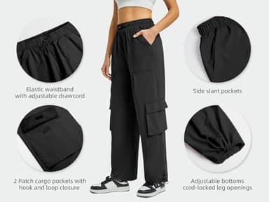 Women's Cargo Pants Water Resistant Lightweight Drawstring Hiking Joggers Base Jump Parachute Pants Black - Image 5