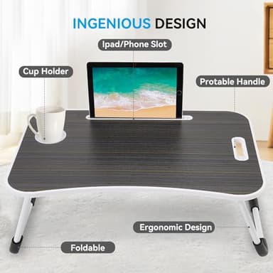 BUYIFY Folding Lap Desk, 23 Inch Portable Wood Black Laptop Bed Desk Lap Desk with Cup Holder, for Working Reading Writing, Eating, Watching Movies for Bed Sofa Couch Floor - Image 2