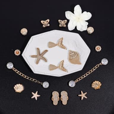 18Pcs Bling Shoe Charms, Gold Conch Starfish Fishtail Shell Slippers Butterfly Shoe Charms Rhinestone Shoe Chain Cute Clogs Shoes Decoration Fashion Party Favors Luxury Jewelry Accessories for Women - Image 4