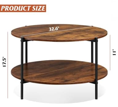 WLIVE Round Coffee Table, 32.6" Small Coffee Table with Storage Shelf, 2-Tier Circle Wood Center Table for Living Room, Apartment, Rustic Brown - Image 3