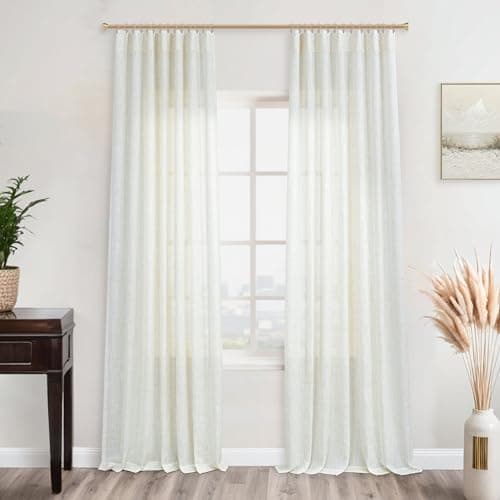 KOUFALL 90 Inch Curtains,Farmhouse Country Light Filtering Semi Sheer Linen Curtains 90 Inches Long 2 Panels Set for Living Room Bedroom,Cream Ivory Off White - Image 1