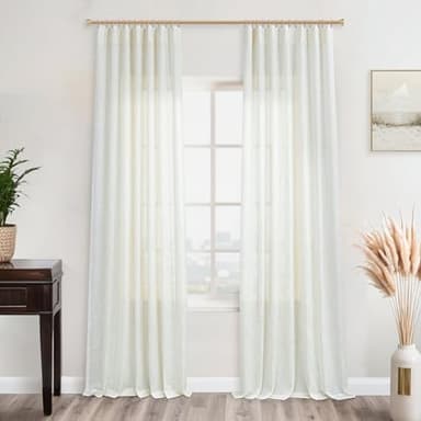 KOUFALL 90 Inch Curtains,Farmhouse Country Light Filtering Semi Sheer Linen Curtains 90 Inches Long 2 Panels Set for Living Room Bedroom,Cream Ivory Off White - Image 1