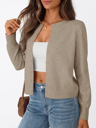 Trendy Queen Womens Cardigan Sweaters Lightweight Crew Neck Outfits Fall Fashion 2025 Clothing Brown L - Image 3