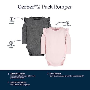 Gerber Baby Girl's 2-Pack Long Ruffle Sleeve Onesies, Confetti - Image 6