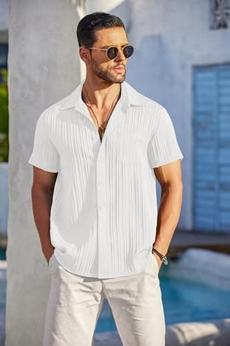 COOFANDY Men's Summer Linen Shirts Short Sleeve Button Down Shirts for Men Fashion Beach Casual Shirt A-White - Image 3
