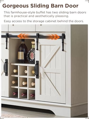 OKD 72" Farmhosue Bar Cabinet with Sliding Barn Door, Large Kitchen Buffet with Hutch w/Wine & Glasses Rack, 3 Drawers, 12 Storage Shelves, Rustic Coffee Bar Sideboard Table, Antique White - Image 3