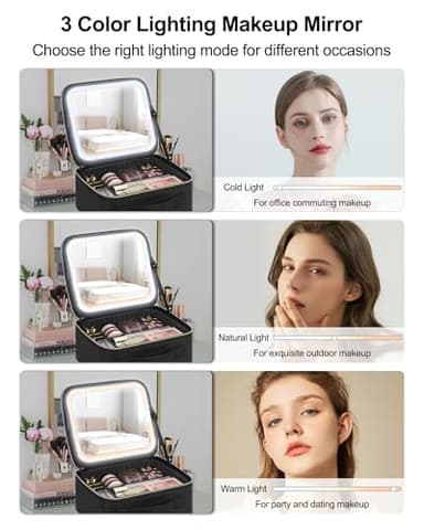 Chomeiu Makeup Bag with LED Mirror, Travel Makeup Case for Women and Makeup Artists Cosmetic Organizer Large Make Up Bags with Light Up Mirror, 3 Color Lights, Adjustable Dividers and Brush Holder - Image 4