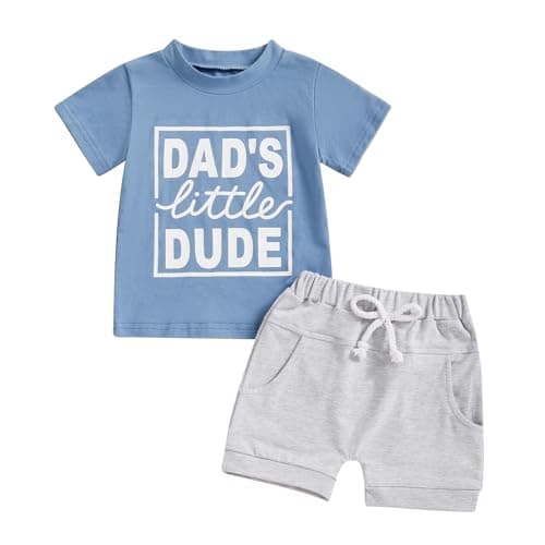 Kupretty Toddler Baby Boy Summer Clothes Letter Graphic Short Sleeve Shirt T-Shirt Tops + Casual Shorts Outfit Set (Dad's Little Dude Blue, 3-6 Months) - Image 1