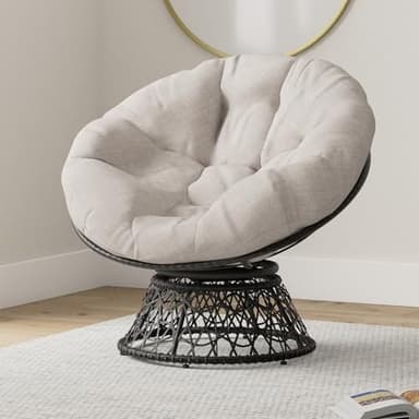 Bme 40" Ergonomic Wicker Papasan Chair with Soft Thick Density Fabric Cushion, High Capacity Steel Frame, 360 Degree Swivel for Living, Bedroom, Reading Room, Lounge, Silver Cloud - Black Base - Image 2