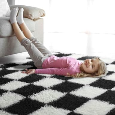 KICMOR Rugs for Living Room 7x9 Area Rug, Black and White Large Fluffy Shag Shaggy Fuzzy Checkered Bedroom Carpet, Indoor Soft Plush Big Rug for Kids Boys Girls Dorm Nursery Home Decor Aesthetic - Image 7