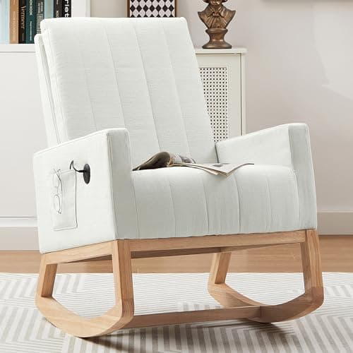 VECELO Rocking Chair Nursery Upholstered Modern Glider Rocker with Padded Seat High Backrest USB Port Comfy Armchair and Side Pocket for Living Room Bedroom Balcony Offices, White - Image 1