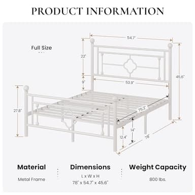 SHA CERLIN 14 Inches Full Size Metal Platform Bed Frame/Vintage Iron-Art Headboard and Footboard/Mattress Foundation for Storage/No Box Spring Needed/Noise-Free/Easy Assembly/White - Image 2