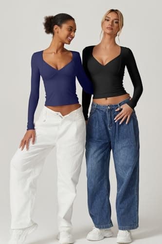 QINSEN Fall Tops for Women 2024 Long Sleeve Sweetheart Neck Double Lined Tee Shirt Stretchy V Neck Top Estate Blue XS - Image 5