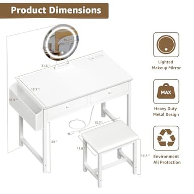 Makeup Vanity Desk with Mirror and Lights - Girls White Vanity Table Set with Chair, Fabric Drawers, Power Outlet, Small Modern Make Up Dressing Table for Bedroom - Image 3