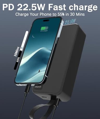 Portable Charger 30000mAh Power Bank -Portable Battery with 2 Built in Cables PD QC4.0 22.5W Fast Charging Battery Pack Phone Charger for iPhone 15 14 13 Samsung Galaxy iPad etc (1 Pack, Black) - Image 4