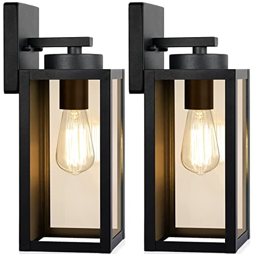Outdoor Wall Light Fixtures, Exterior Waterproof Wall Lanterns, Porch Sconces Lighting with E26 Sockets & Glass Shades, Modern Matte Black Outside Lights for Patio Front Door Entryway Garage, 2-Pack - Image 1