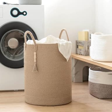 Goodpick Boho Jute Laundry Hamper Basket, Wicker Laundry Basket with Handles, Tall Baby Nursery Hamper, Large Woven Blanket Storage for Living Room, Bedroom, 16" x 20" - Image 5