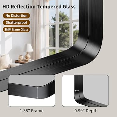 FORBATH 55x36 Inch Large Bathroom Mirror for Double Sinks, Brushed Black Deep Frame Wall Mirror with Rounded Corners, Anti-Rust Tempered Glass for Modern Farmhouse Vanity (Horizontal/Vertical) - Image 7