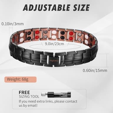 MagEnergy Men's Copper Magnetic Bracelet, 99.9% Pure Copper Bracelet with 4 Elements Double-Row Strength Magnets, Adjustable Jewelry with Gift Box, Black-4 - Image 3