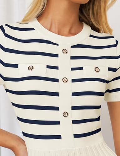 ZESICA Women's 2025 Casual Striped Midi Dress Crewneck Short Sleeve Button Ribbed Knit Swing Pleated A Line Dresses,Beige,Small - Image 5