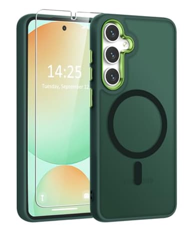 WRJ for Samsung Galaxy S25 Case,Galaxy S24 Case with Screen Protector,[Compatible with Magsafe] Magnetic Slim Matte Translucent Phone Case Women Men Shockproof Protective Cover-Green - Image 1
